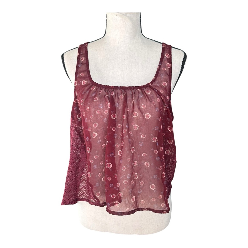 Hollister Burgundy Floral Sheer Cropped Tank Top Small